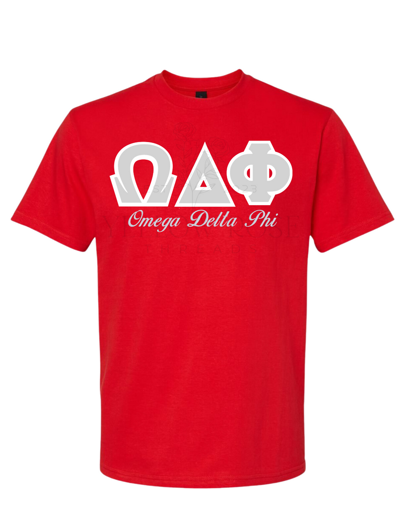 Omega Delta Phi Letters- Red T-Shirt w/Org Name