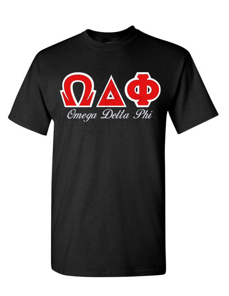 Omega Delta Phi Letters- Black T-Shirt w/Org Name