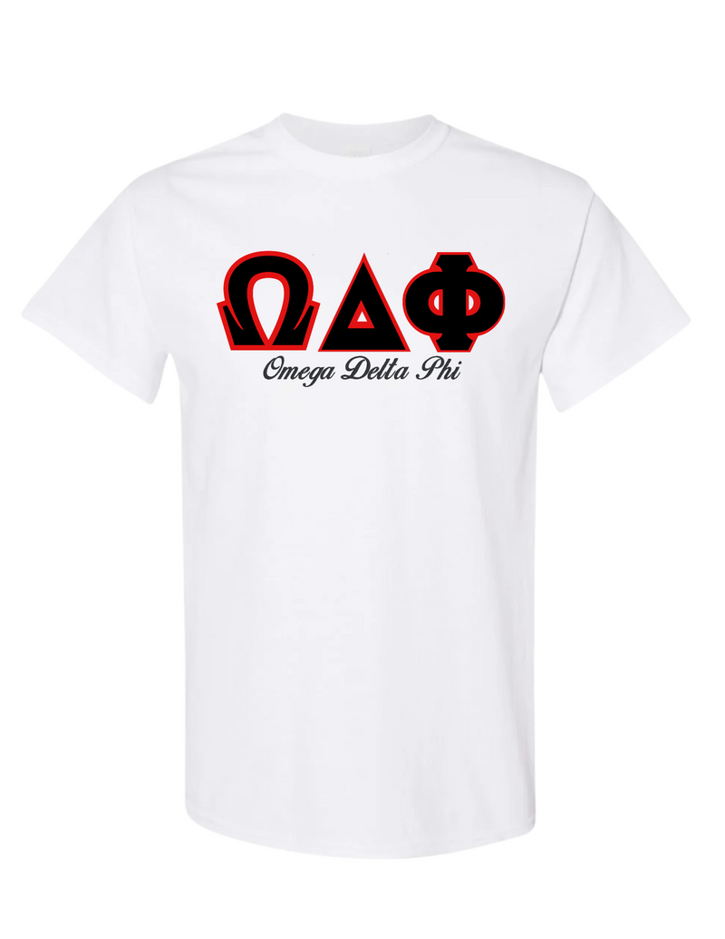 Omega Delta Phi Letters- White T-Shirt w/Org Name